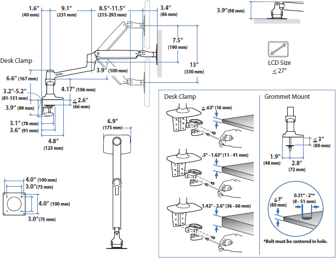 Technical drawing for Ergotron 45-245-224 LX Dual Monitor Side-by-Side Arm (matte black)