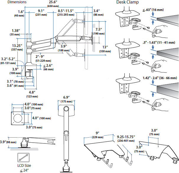 Technical drawing for Ergotron LX Dual Monitor Stacking Arm (matte black) - 45-492-224