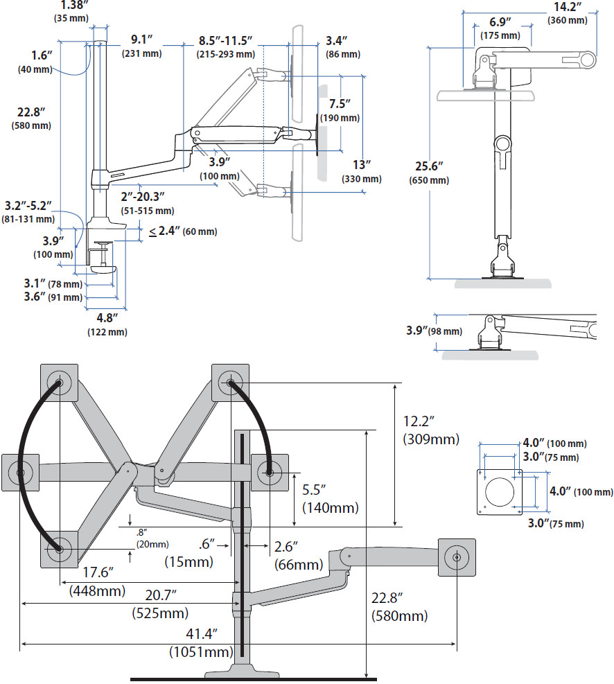 Technical Drawing for Ergotron 45-549-026 LX Dual Stacking Arm with Tall Pole (polished alumium)
