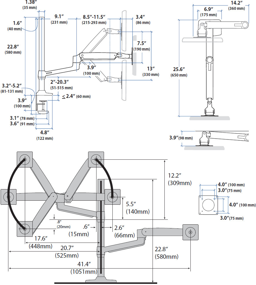 Technical Drawing for Ergotron 45-509-216 LX Dual Stacking Arm with Tall Pole (white)