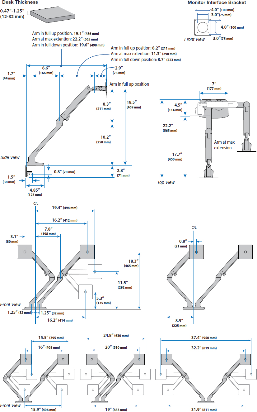 Technical Drawing for Ergotron 45-496-026 MXV Desk Mount Dual Monitor Arm (polished aluminum)