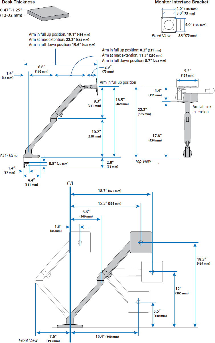 Technical drawing for Ergotron MXV Desk Mount Monitor Arm (matte black) - 45-486-224