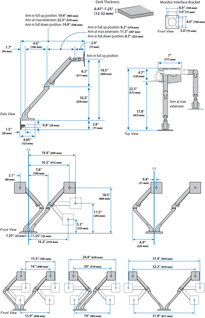 Technical drawing for Ergotron MXV Desk Mount Dual Monitor Arm (matte black) 45-496-224