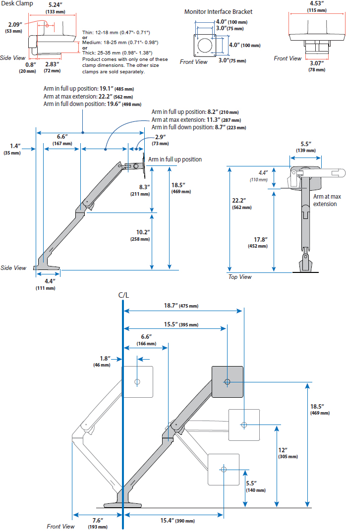 Technical Drawing for Ergotron 45-625-216 MXV Desk Mount Monitor Arm with Low-Profile Clamp (white)