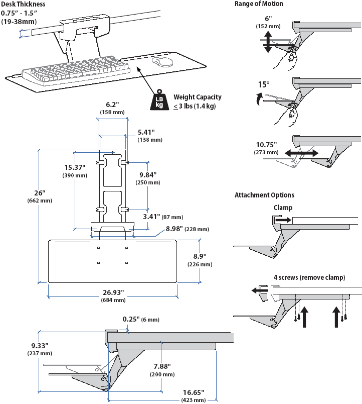 Technical Drawing for Ergotron 97-582-009 Neo-Flex Underdesk Keyboard Arm