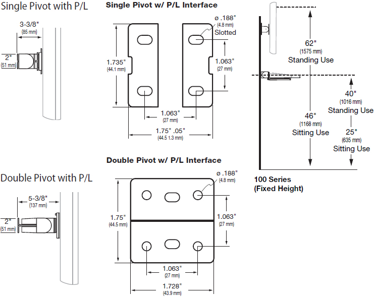Technical Drawing for Ergotron100 Series Single Pivot