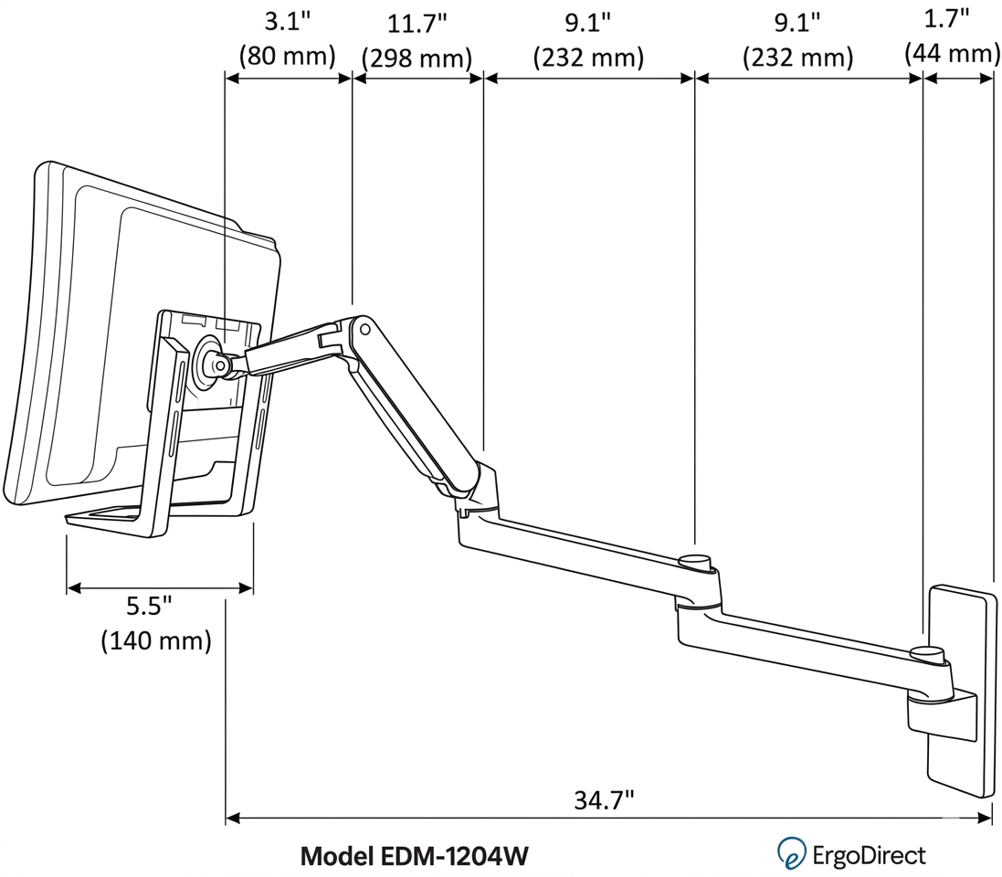Technical Drawing for ErgoDirect EDM-1204W Long Reach Monitor Arm for Dental Offices