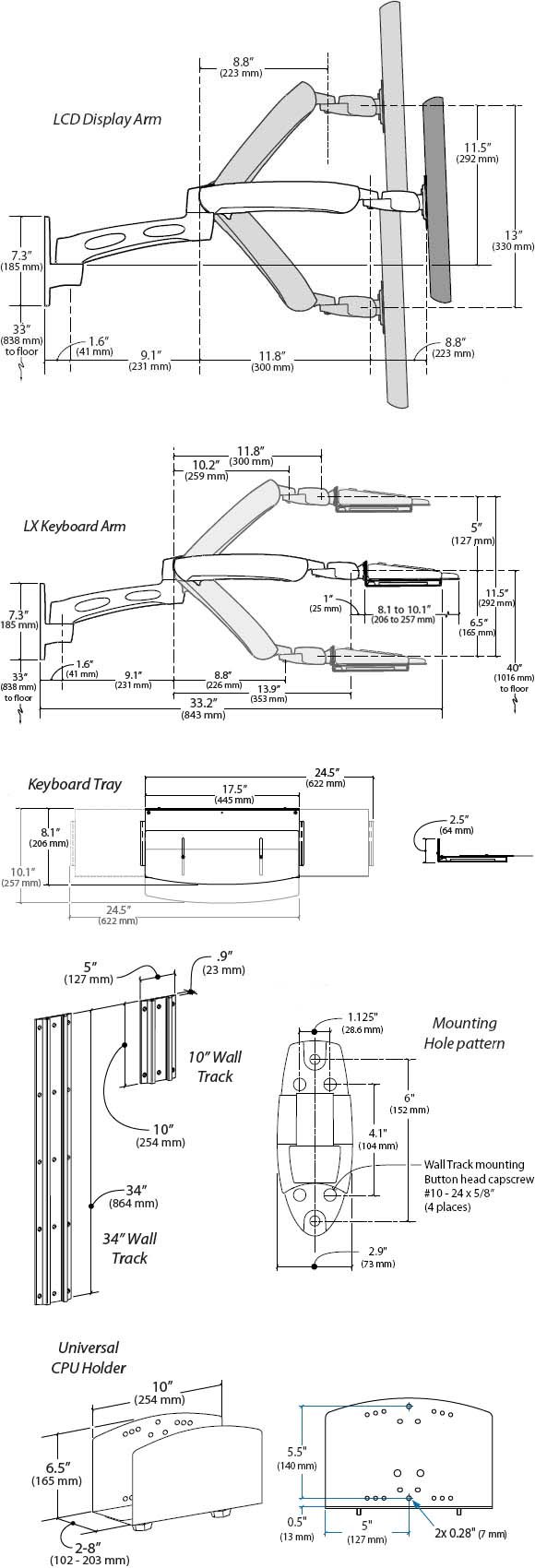 Technical Drawing for Ergotron 45-238-194 LX Wall Mount System Silver