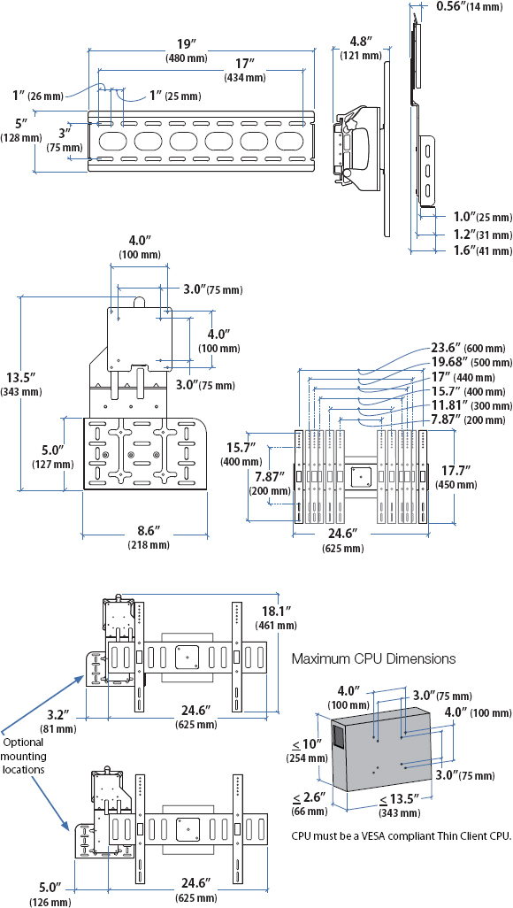 Technical Drawing for Ergotron 60-600-009 SIM90 Digital Signage Integration Mount