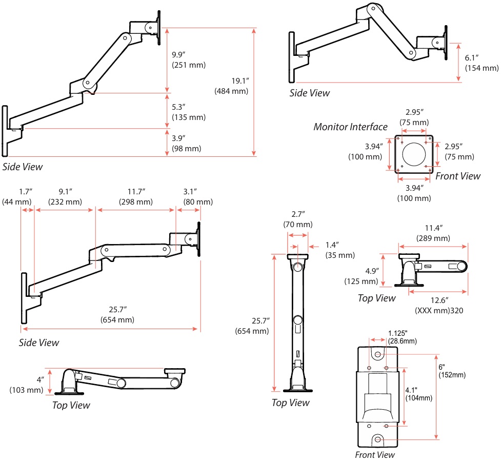 Technical Drawing for Ergotron 45-683-290 LX Pro Single Monitor Arm Wall Mount (white))