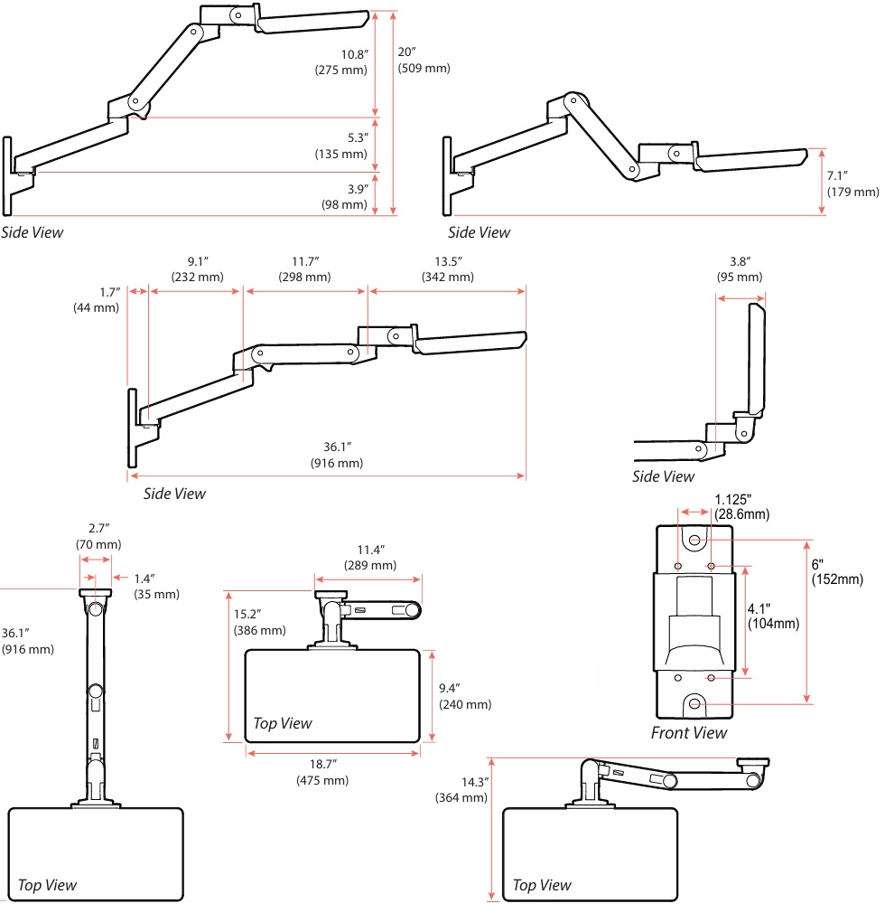 Technical Drawing for Ergotron 45-685-290 LX Pro Adjustable Wall Mount Keyboard Arm (white)