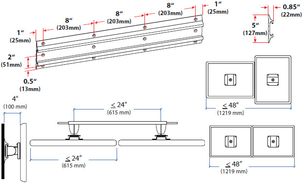 Technical Drawing for Ergotron 28-514-800 Neo-Flex Dual Monitor Wall Mount