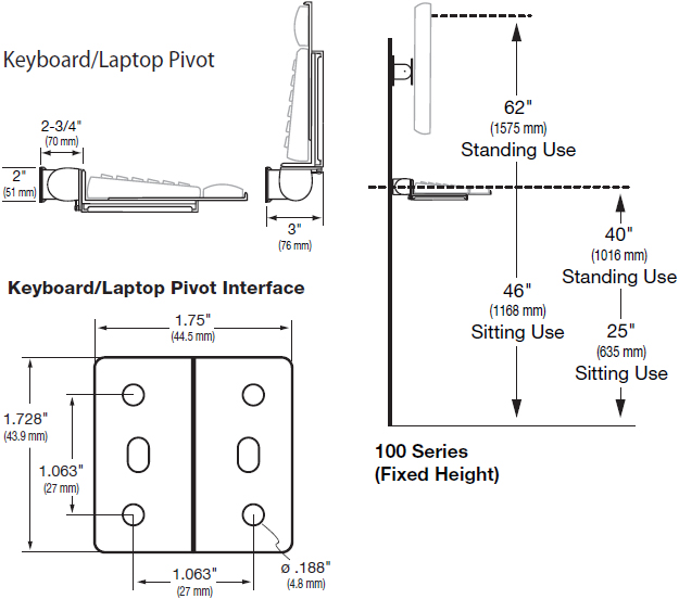 Technical drawing for Ergotron 47-094-800 - 100 Series Keyboard Pivot