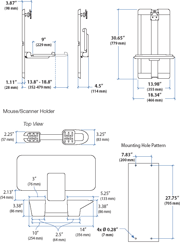 Technical Drawing for Ergotron 60-609-195 StyleView Vertical Lift, Patient Room