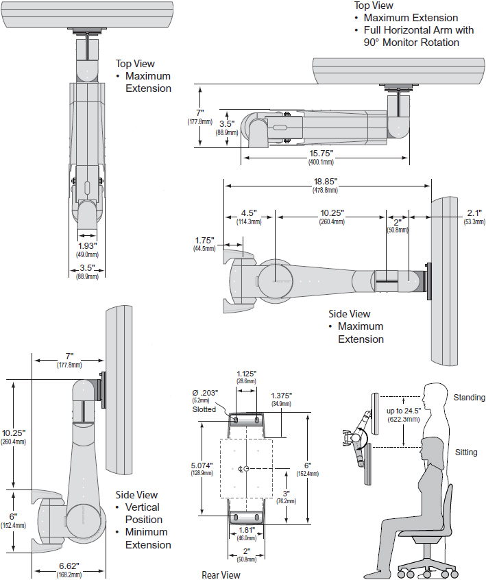 Technical Drawing for Ergotron 45-007-099 - 400 Series Wall Mount Monitor Arm (grey)