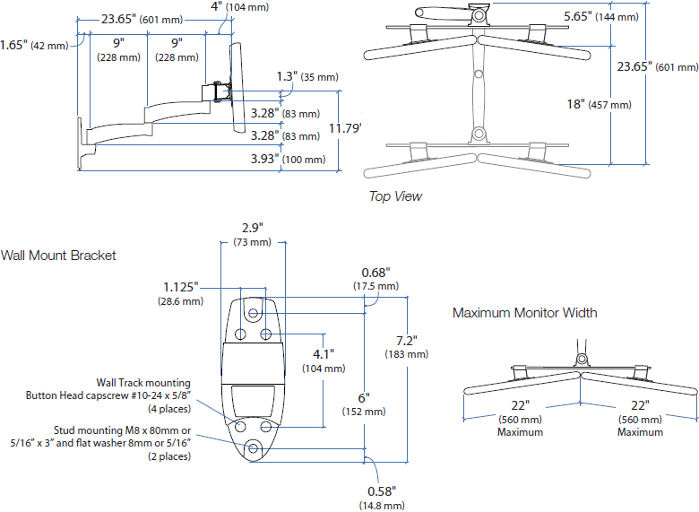 Technical Drawing for Ergotron 45-231-200 - 200 Series Dual Monitor Arm