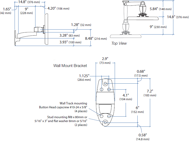 Technical Drawing for Ergotron 45-233-200 - 200 Series Wall Mount Arm, 1 Extension