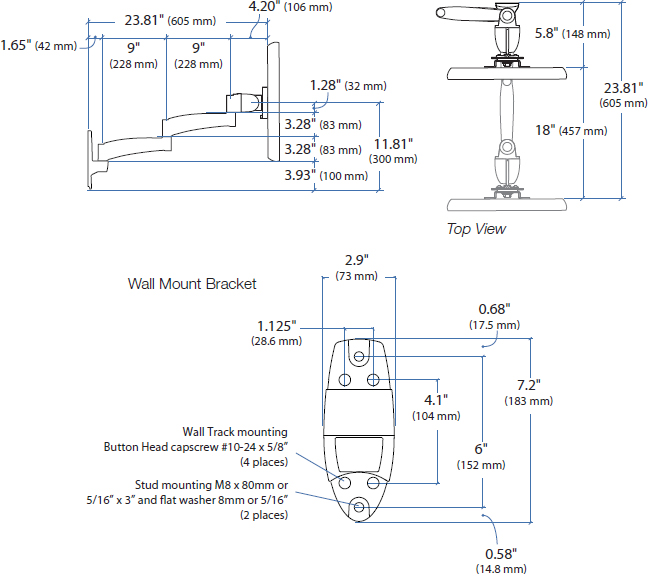 Technical drawing for Ergotron 45-234-200 - 200 Series Wall Mount Arm, 2 Extensions