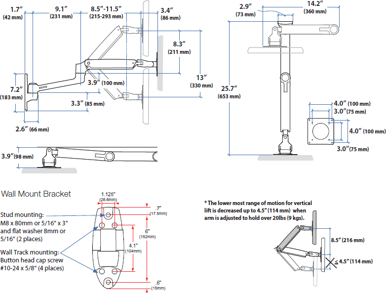 Technical Drawing for Ergotron 45-243-026 LX Wall Mount LCD Arm