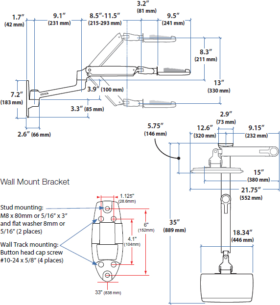 Technical drawing for Ergotron 45-246-026 LX Wall Mount Keyboard Arm