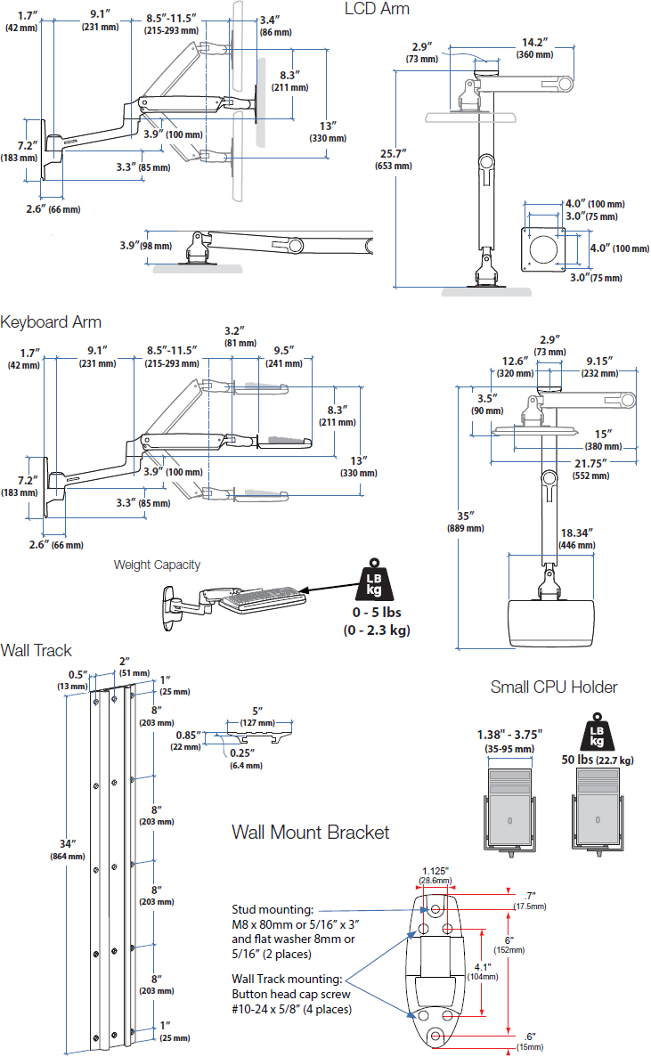 Technical Drawing for Ergotron 45-253-026 LX Wall Mount Monitor, Keyboard