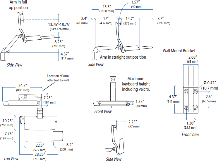 Technical Drawing for Ergotron 45-260-216 Sit-Stand Combo Arm with Worksurface (white)