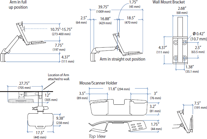 Technical Drawing for Ergotron 45-266-216 StyleView Sit-Stand Combo Arm (white)