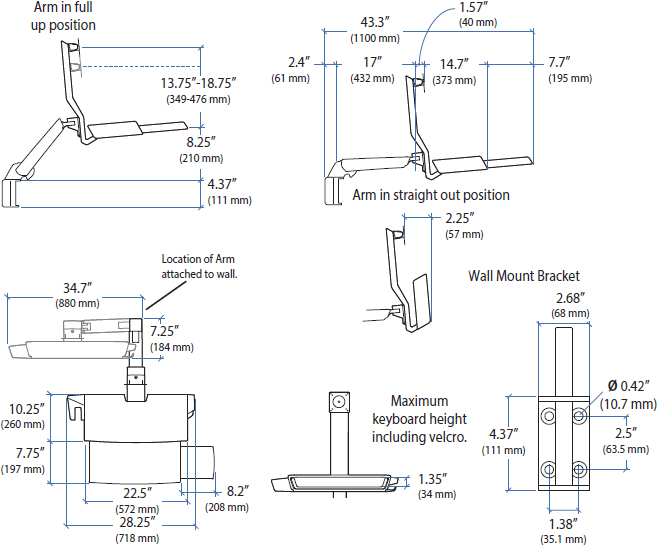 Technical drawing for Ergotron 45-270-026 StyleView Sit-Stand Combo System, Worksurface (polished aluminum)