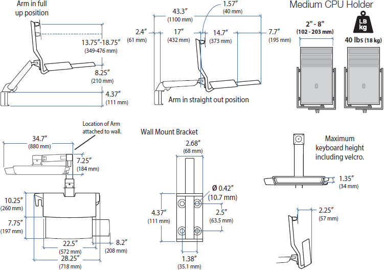 Technical drawing for Ergotron 45-270-216 Sit-Stand Combo System, Worksurface (white)