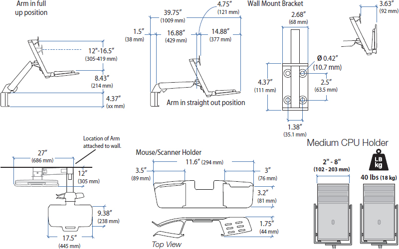 Technical Drawing for Ergotron 45-271-216 StyleView Sit-Stand Combo System (white)