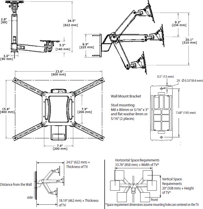 Technical Drawing for Ergotron 45-296-026 Height Adjustable Wall Mount Arm for TV, HD