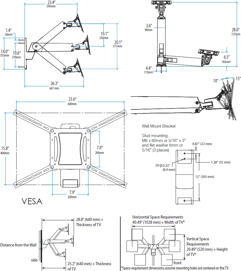 Technical Drawing for Ergotron 45-304-026 Height Adjustable Wall Mount Arm for TV, VHD