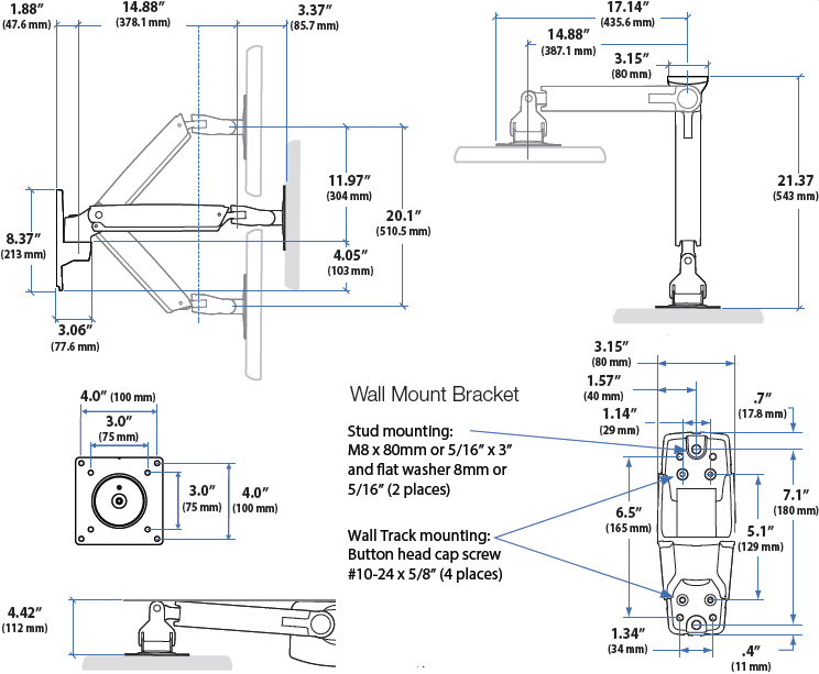 Technical Drawing for Ergotron 45-361-026 Height Adjustable Wall Mount Arm for TV, LD