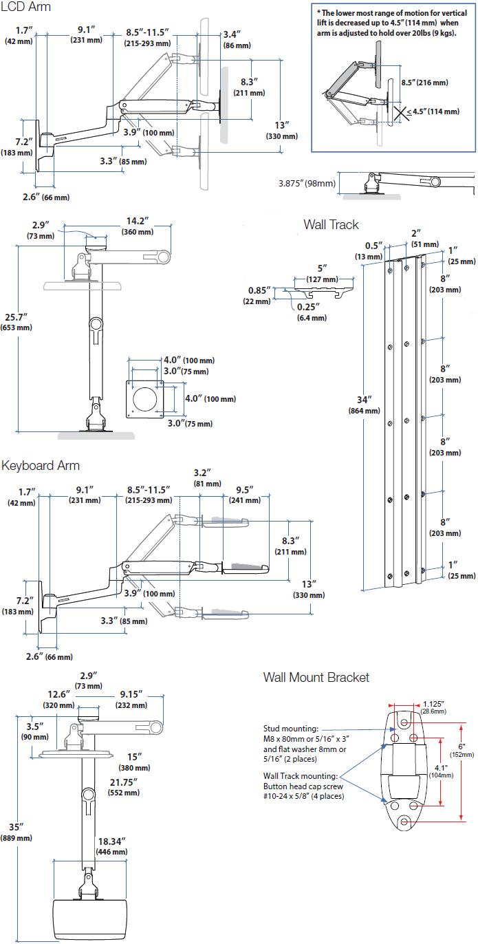 Technical Drawing for Ergotron 45-551-216 LX Wall Mount System without CPU Holder (white)