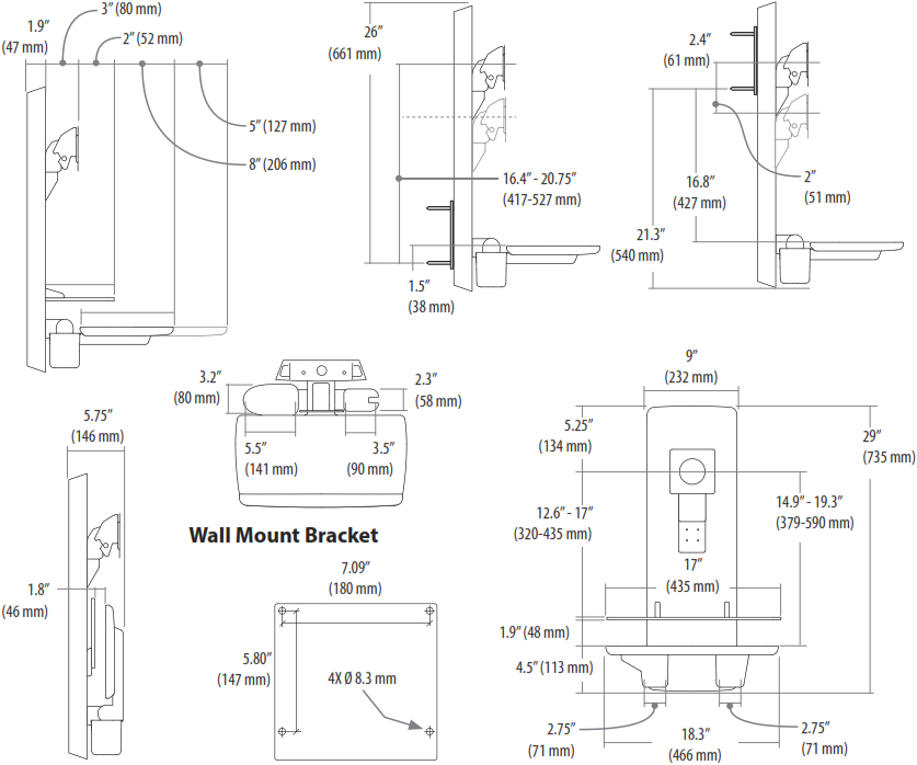 Technical Drawing for Ergotron 61-080-062 SV Sit-Stand Vertical Lift, Patient Room