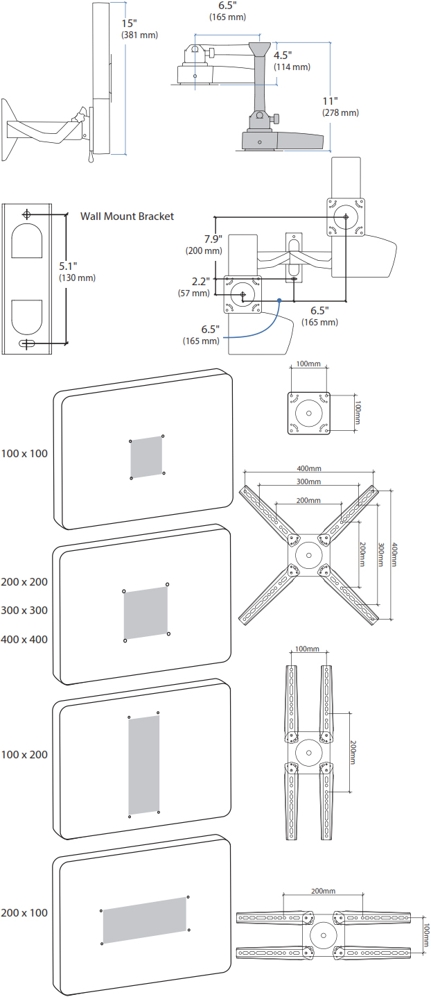 Technical Drawing for Ergotron 61-113-085 Glide Wall Mount, LD-X