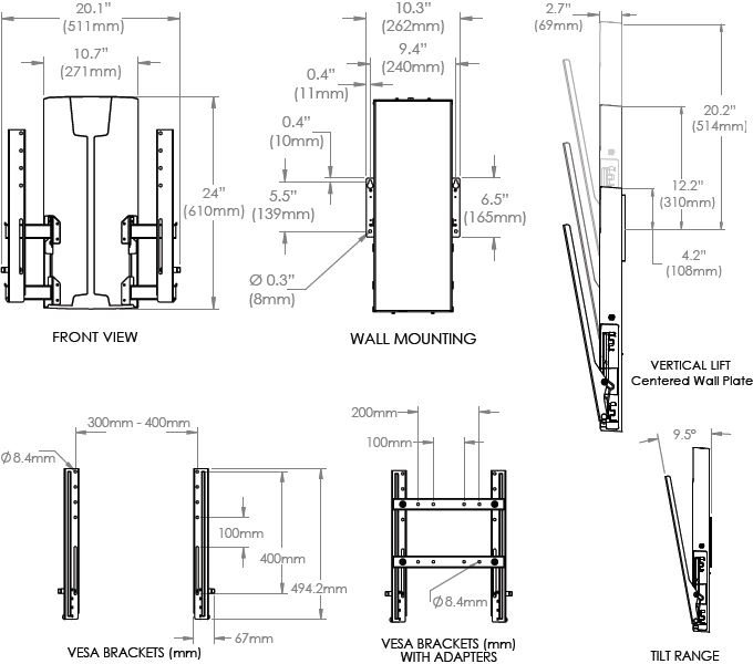 Technical Drawing for Ergotron 61-128-085 Glide Wall Mount, VHD