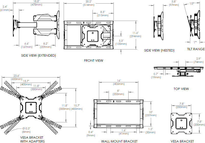 Technical Drawing for Ergotron 61-132-223 Neo-Flex Cantilever Wall Mount, UHD