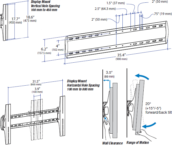 Technical Drawing for Ergotron 61-142-003 TM Tilting TV Wall Mount, XL