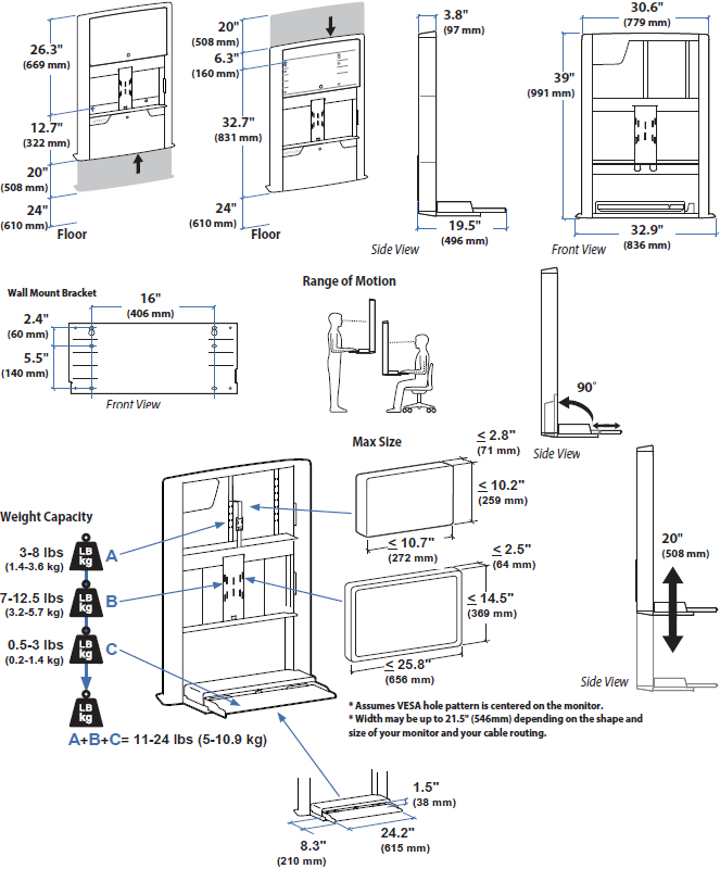 Technical Drawing for Ergotron 61-367-060 CareFit Enclosure Wall Mount Computer Workstation