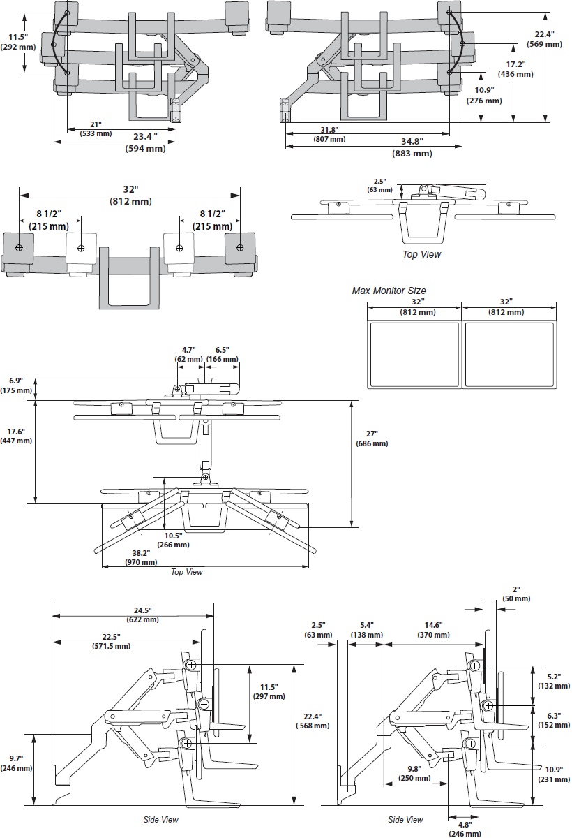 Technical drawing for Ergotron 45-479-216 HX Dual Monitor Wall Mount Arm (white)