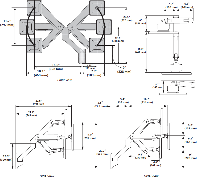 Technical Drawing for Ergotron 45-478-026 HX Wall Mount Monitor Arm (polished aluminum)
