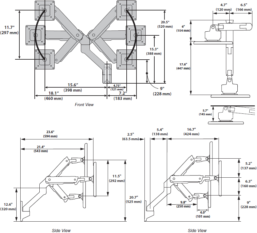 Technical Drawing for Ergotron 45-478-216 HX Wall Mount Monitor Arm (white)