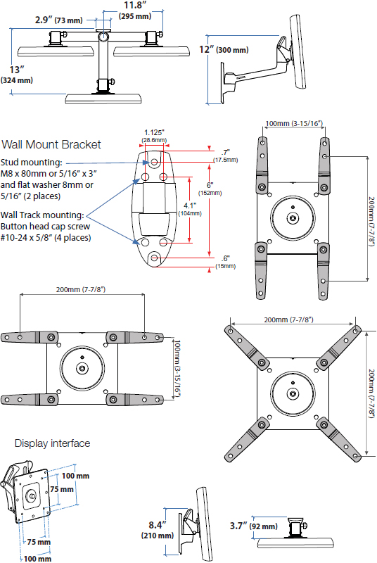 Technical Drawing for Ergotron 45-269-009 LX HD Wall Mount Pivot