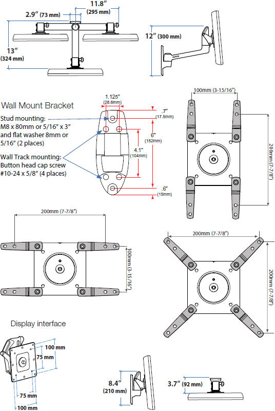 Technical Drawing for Ergotron 45-268-026 LX HD Wall Mount Swing Arm