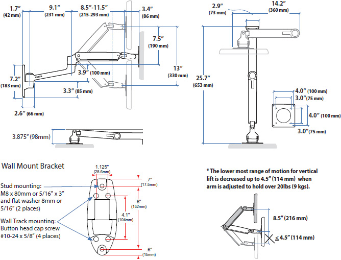 Technical drawing for Ergotron LX Wall Mount Monitor Arm (matte black) - 45-243-224