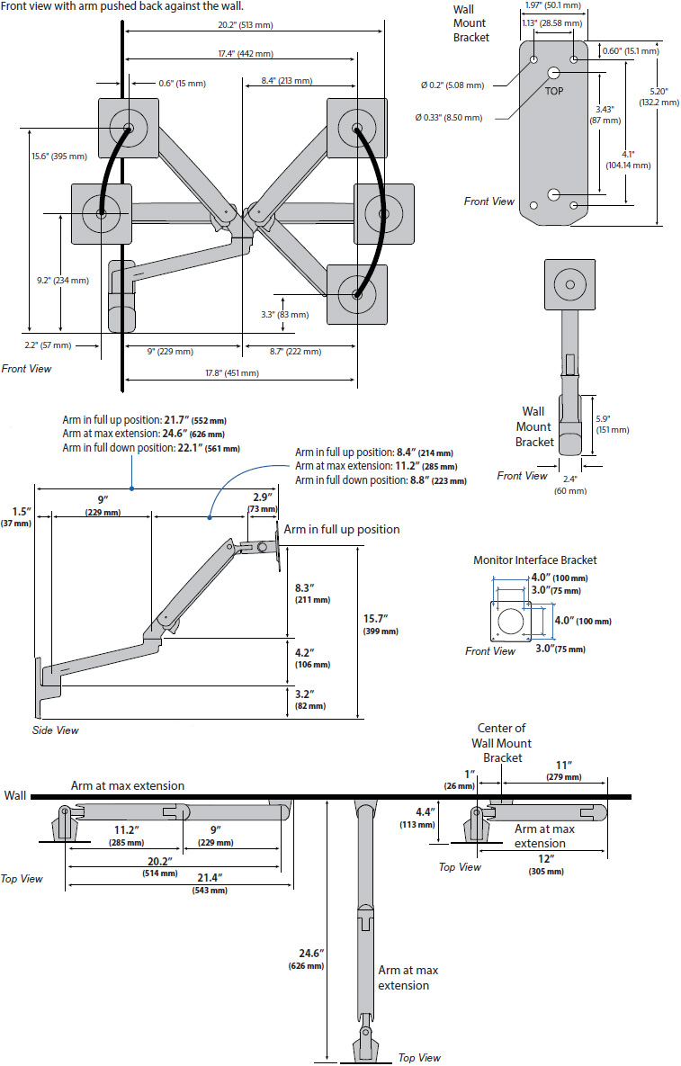 Technical Drawing for Ergotron 45-505-026 MXV Wall Mount Monitor Arm (polished aluminum)