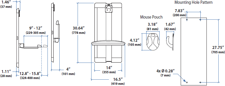 Technical Drawing for Ergotron 60-593-195 StyleView Vertical Lift, High Traffic Areas