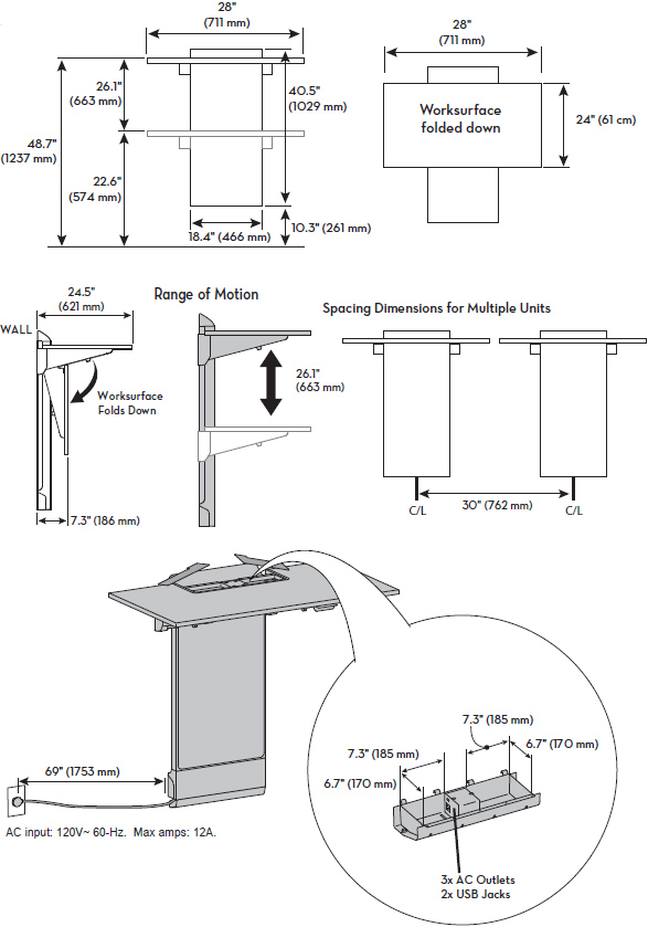 Technical Drawing for Ergotron 24-802-S893 WorkFit Elevate Sit-Stand Wall Desk with Power Access