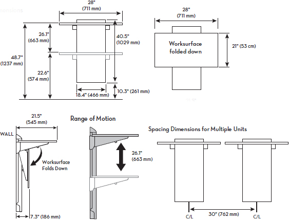 Technical Drawing for Ergotron 24-804-S894 or 24-804-S893 WorkFit Elevate Sit-Stand Wall Desk